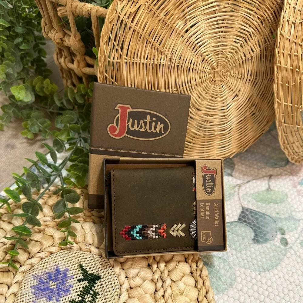 New Justin Boots Genuine Leather Card Wallet Tribal Western Colorful Embroidery